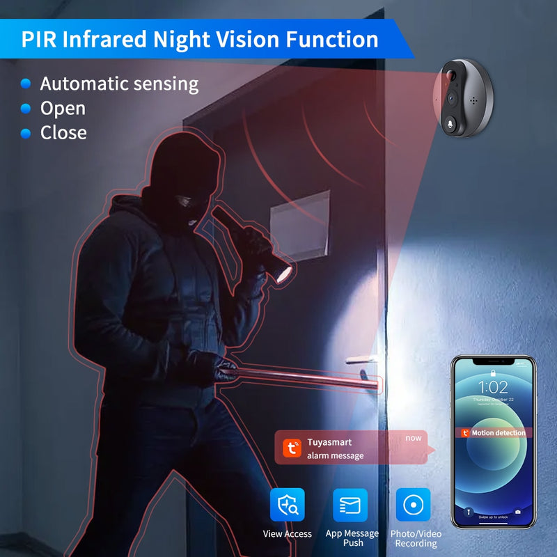 Campainha de Vídeo Tuya Inteligente, Tela da Porta, Sensoriamento Automático, Câmera Sem Fio, WiFi, Olho Mágico Digital