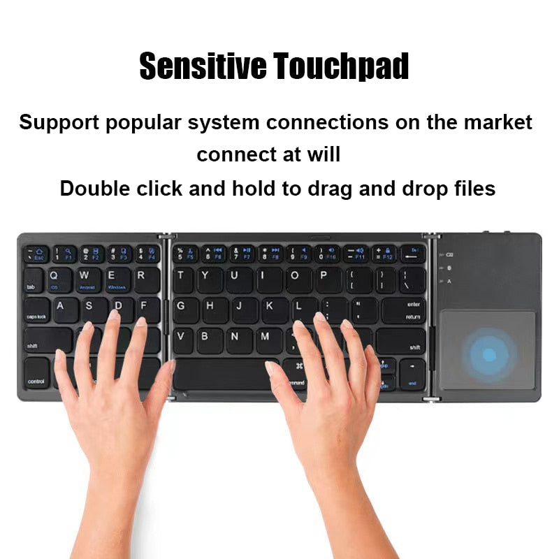 Teclado dobrável sem fio, Bluetooth com touchpad para Windows, Android, IOS, telefone, mini teclado de botão multifuncional